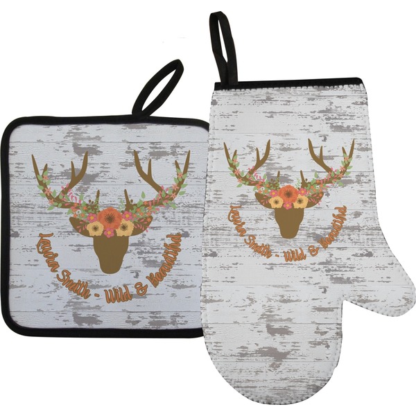 Custom Floral Antler Oven Mitt & Pot Holder Set w/ Name or Text