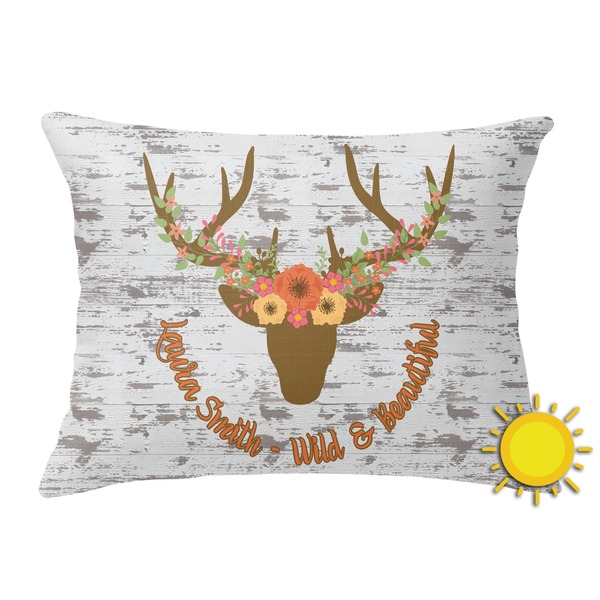 Custom Floral Antler Outdoor Throw Pillow (Rectangular) (Personalized)