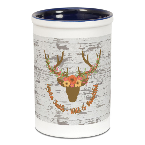 Custom Floral Antler Ceramic Pencil Holders - Blue