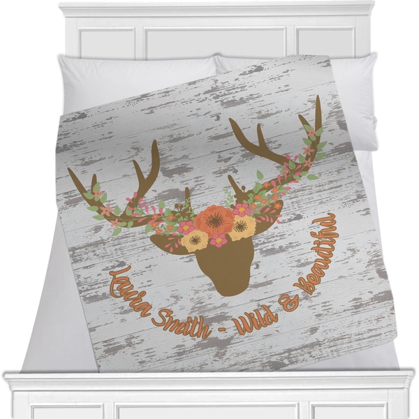 Custom Floral Antler Minky Blanket - Toddler / Throw - 60"x50" - Single Sided (Personalized)