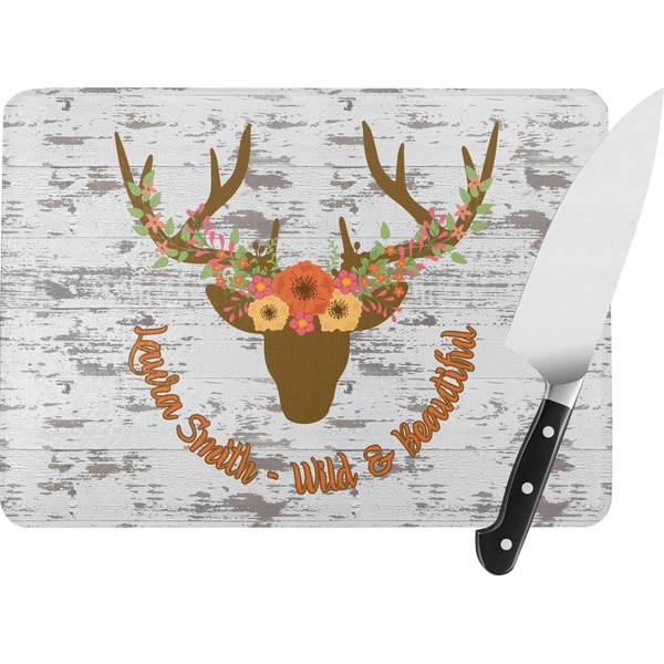 Custom Floral Antler Rectangular Glass Cutting Board - Large - 15.25"x11.25" w/ Name or Text