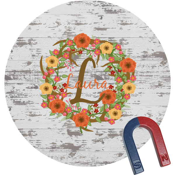 Custom Floral Antler Round Fridge Magnet (Personalized)