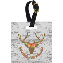 Floral Antler Plastic Luggage Tag - Square w/ Name or Text