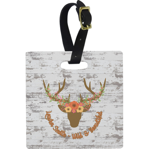Custom Floral Antler Plastic Luggage Tag - Square w/ Name or Text