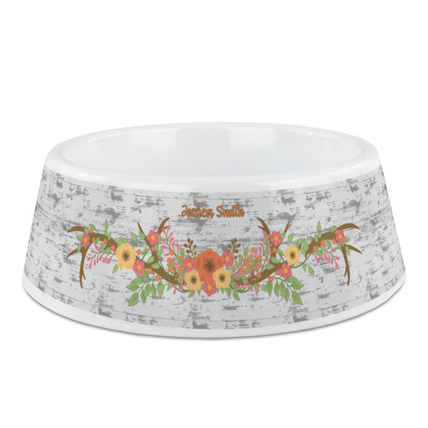 Custom Floral Antler Plastic Dog Bowl - Medium (Personalized)