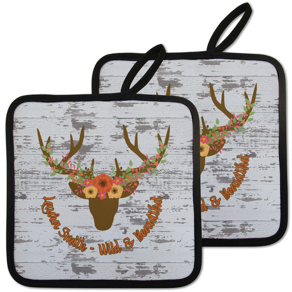 Custom Floral Antler Pot Holders - Set of 2 w/ Name or Text