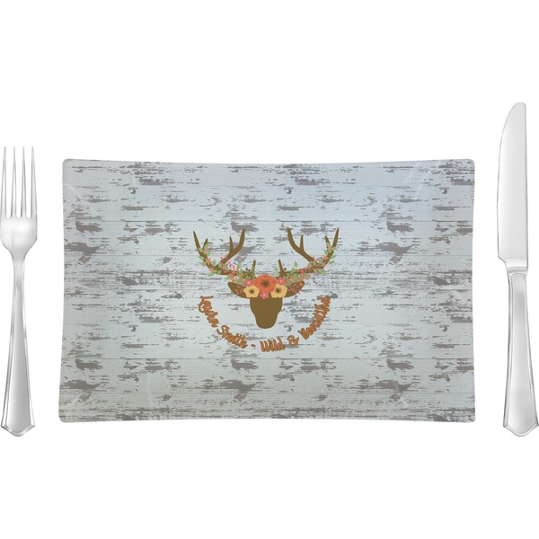 Custom Floral Antler Rectangular Glass Lunch / Dinner Plate - Single or Set (Personalized)