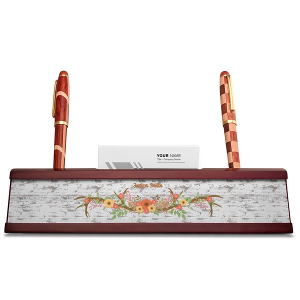 Floral Antler Red Mahogany Nameplates with Business Card Holder - Straight