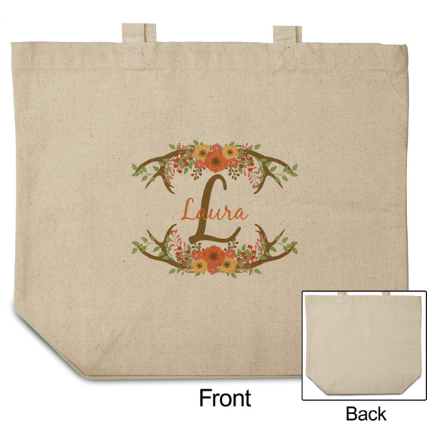 Floral Antler Reusable Cotton Grocery Bag - Front & Back View