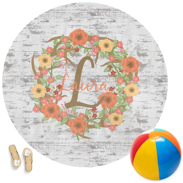 Custom Floral Antler Round Beach Towel (Personalized)