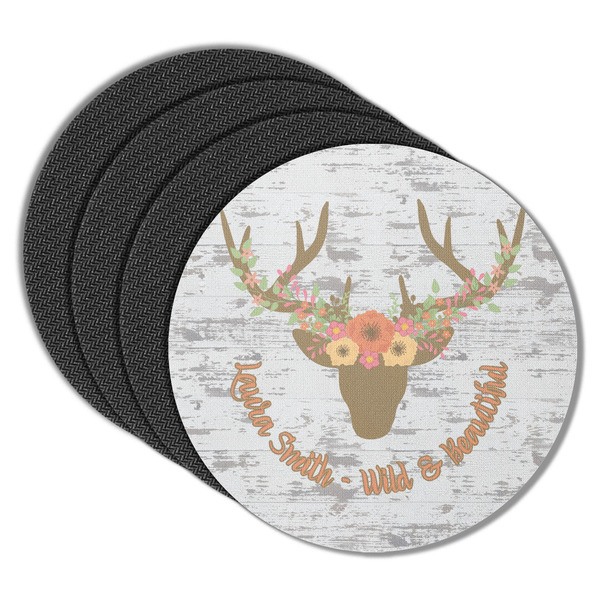 Custom Floral Antler Round Rubber Backed Coasters - Set of 4 (Personalized)