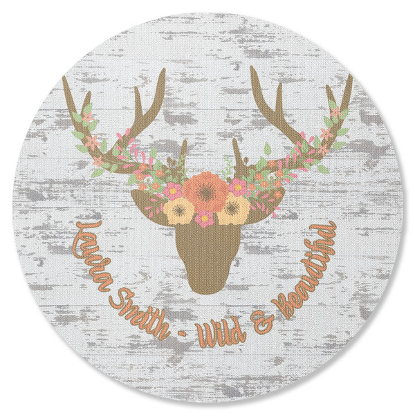 Custom Floral Antler Round Rubber Backed Coaster (Personalized)