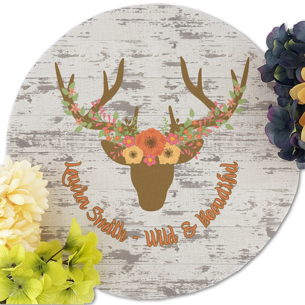Floral Antler Round Linen Placemats - Front (w flowers)