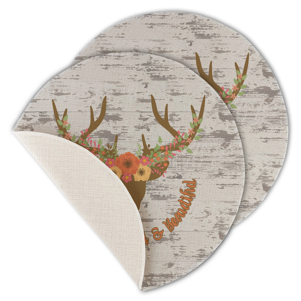 Custom Floral Antler Round Linen Placemat - Single Sided - Set of 4 (Personalized)