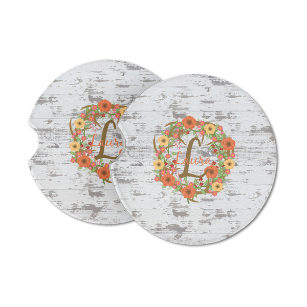 Custom Floral Antler Sandstone Car Coasters - Set of 2 (Personalized)