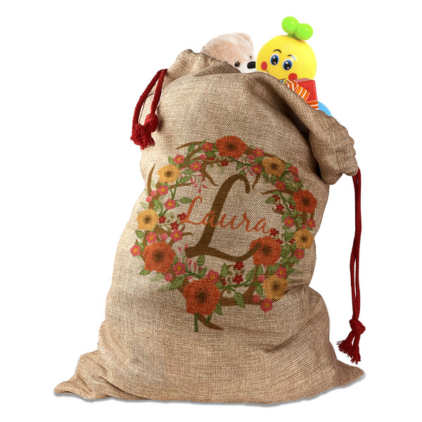 Floral Antler Santa Bag - Front (stuffed w toys) PARENT