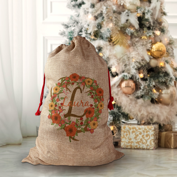 Floral Antler Santa Bag - Front (stuffed)