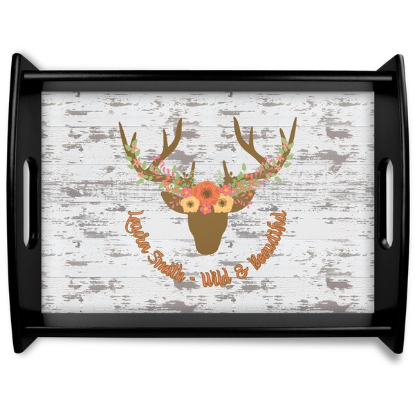 Custom Floral Antler Black Wooden Tray - Large (Personalized)