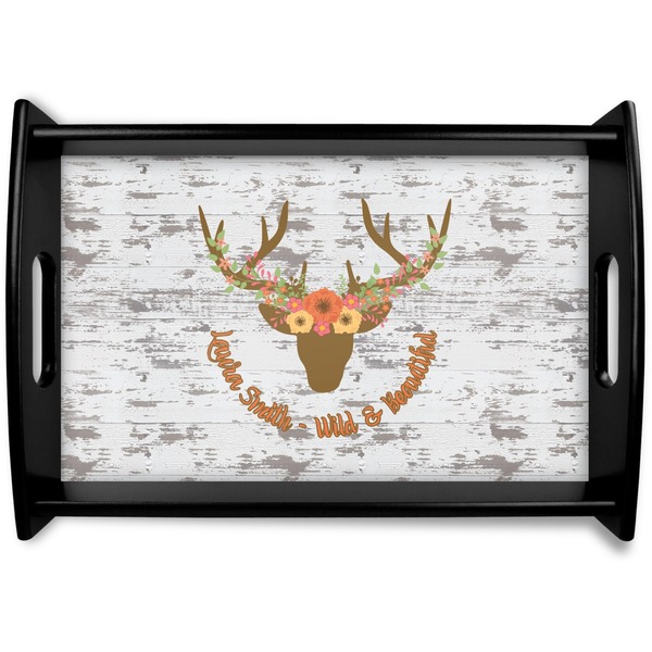 Custom Floral Antler Black Wooden Tray - Small (Personalized)