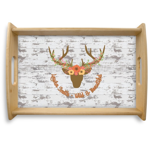 Custom Floral Antler Natural Wooden Tray - Small (Personalized)