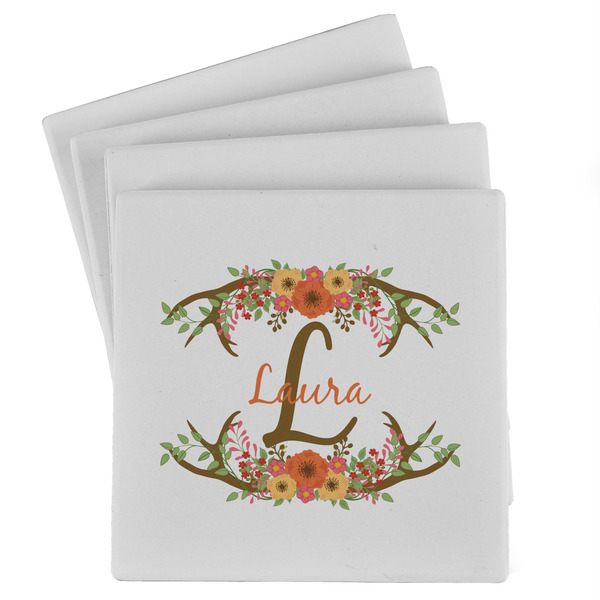 Custom Floral Antler Absorbent Stone Coasters - Set of 4 (Personalized)