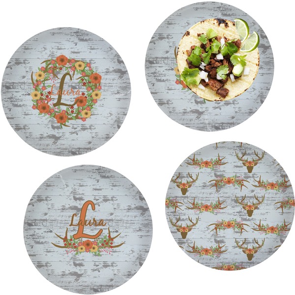 Custom Floral Antler Set of 4 Glass Lunch / Dinner Plate 10" (Personalized)