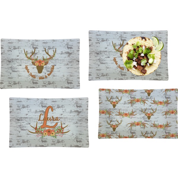 Custom Floral Antler Set of 4 Glass Rectangular Lunch / Dinner Plate (Personalized)