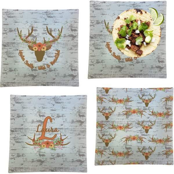 Custom Floral Antler Set of 4 Glass Square Lunch / Dinner Plate 9.5" (Personalized)