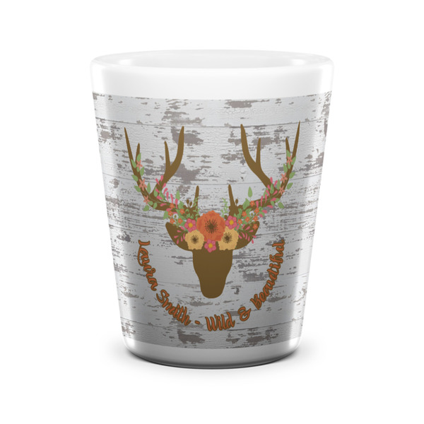 Custom Floral Antler Ceramic Shot Glass - 1.5 oz - White - Set of 4 (Personalized)