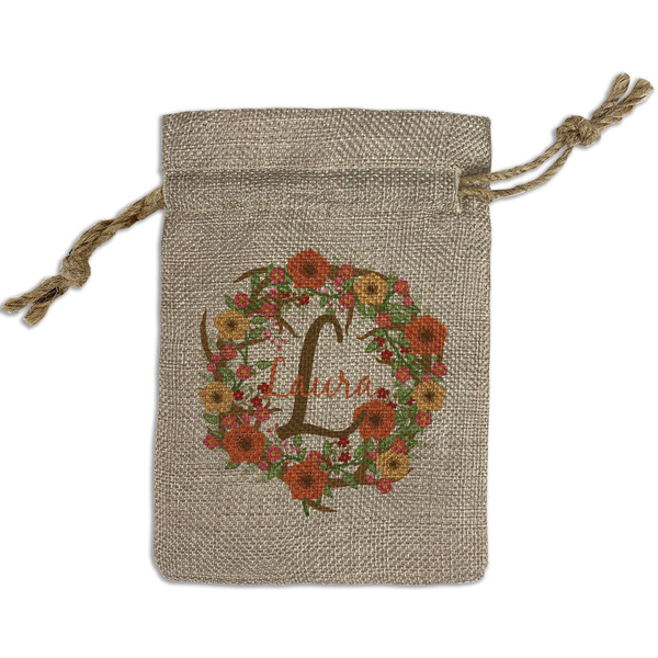Custom Floral Antler Small Burlap Gift Bag - Front (Personalized)