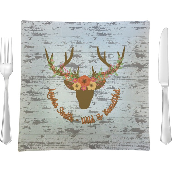 Custom Floral Antler 9.5" Glass Square Lunch / Dinner Plate- Single or Set of 4 (Personalized)
