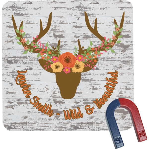 Custom Floral Antler Square Fridge Magnet (Personalized)