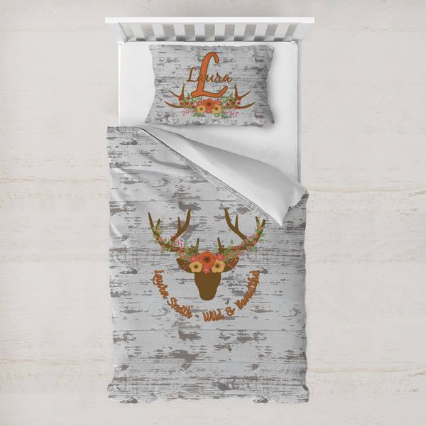 Custom Floral Antler Toddler Bedding Set - With Pillowcase (Personalized)