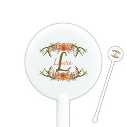 Floral Antler 5.5" Round Plastic Stir Sticks - White - Single Sided (Personalized)