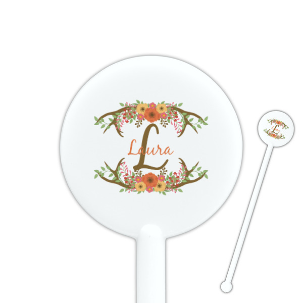 Custom Floral Antler 5.5" Round Plastic Stir Sticks - White - Double Sided (Personalized)