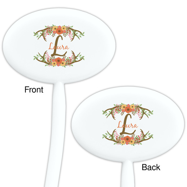 Floral Antler White Plastic 7" Stir Stick - Double Sided - Oval - Front & Back