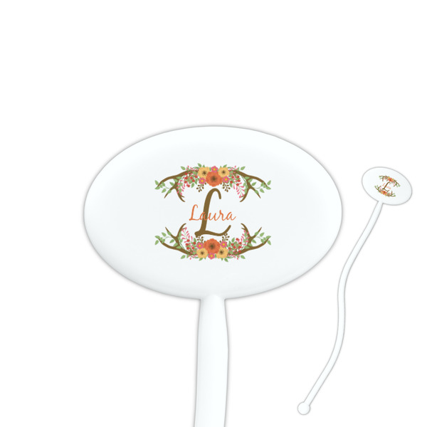 Custom Floral Antler 7" Oval Plastic Stir Sticks - White - Single Sided (Personalized)