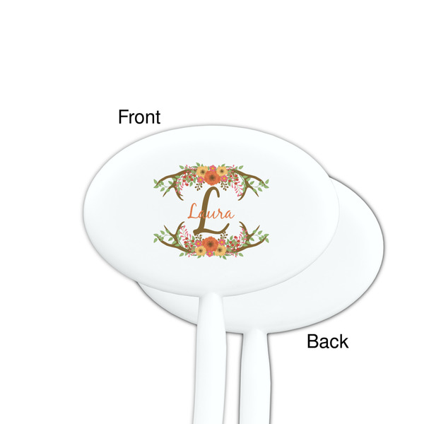 Floral Antler White Plastic 7" Stir Stick - Single Sided - Oval - Front & Back