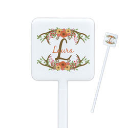 Floral Antler Square Plastic Stir Sticks - Single Sided (Personalized)