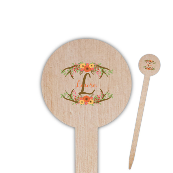 Custom Floral Antler 6" Round Wooden Food Picks - Single Sided (Personalized)