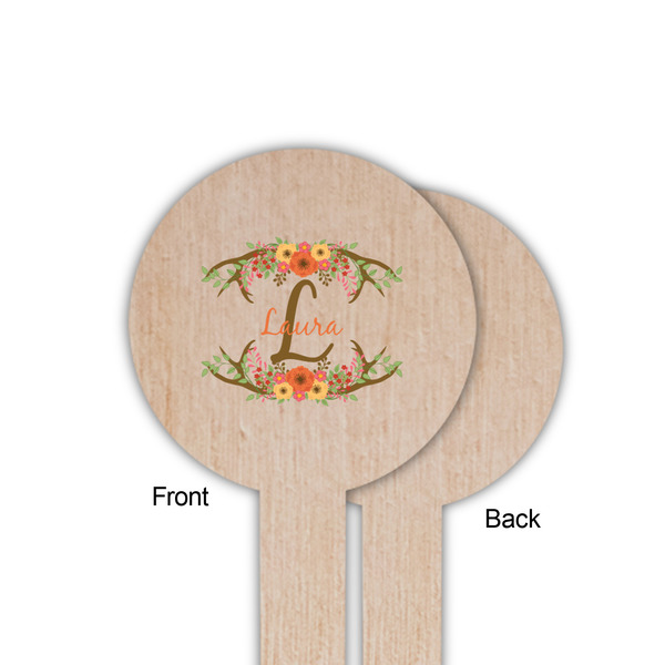 Floral Antler Wooden 6" Food Pick - Round - Single Sided - Front & Back