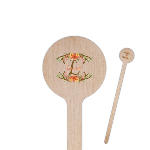 Custom Floral Antler 6" Round Wooden Stir Sticks - Single Sided (Personalized)