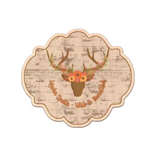 Custom Floral Antler Genuine Maple or Cherry Wood Sticker (Personalized)