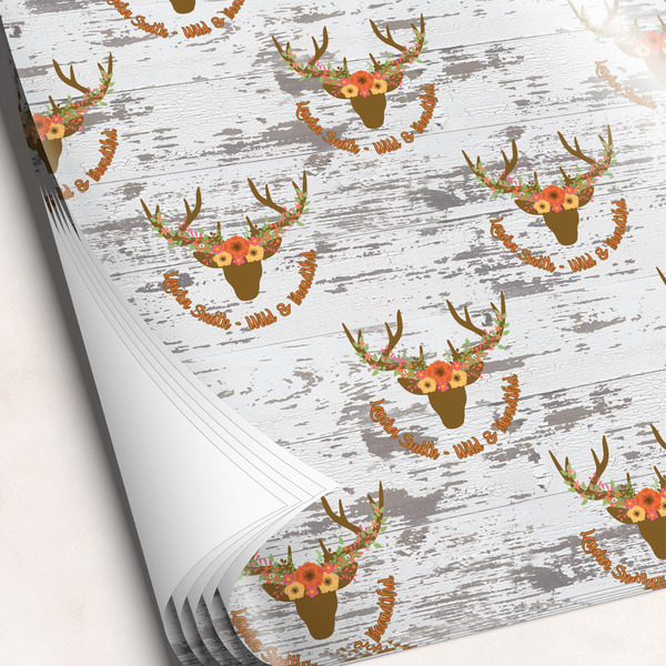 Custom Floral Antler Wrapping Paper Sheets - Single-Sided - 20" x 28" (Personalized)