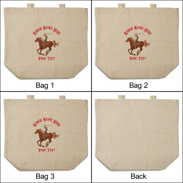 Western Ranch 3 Reusable Cotton Grocery Bags - Front & Back View