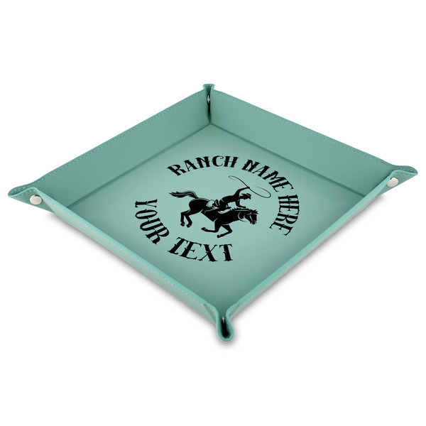 Custom Western Ranch 9" x 9" Teal Faux Leather Valet Tray (Personalized)