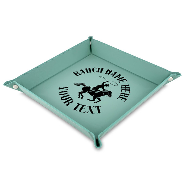 Custom Western Ranch Faux Leather Dice Tray - 9" x 9"  - Teal (Personalized)