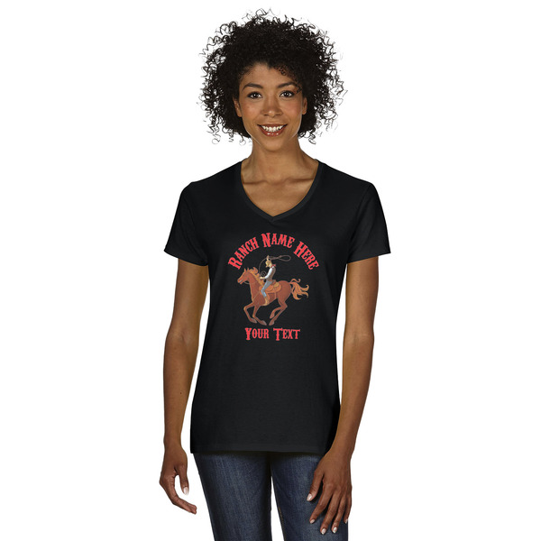 Custom Western Ranch Women's V-Neck T-Shirt - Black - Medium (Personalized)