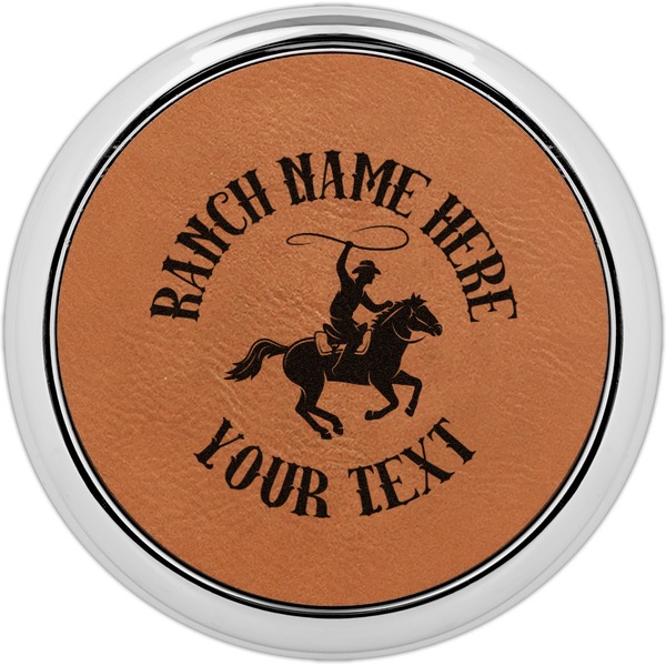 Custom Western Ranch Set of 4 Leatherette Round Coasters w/ Silver Edge (Personalized)