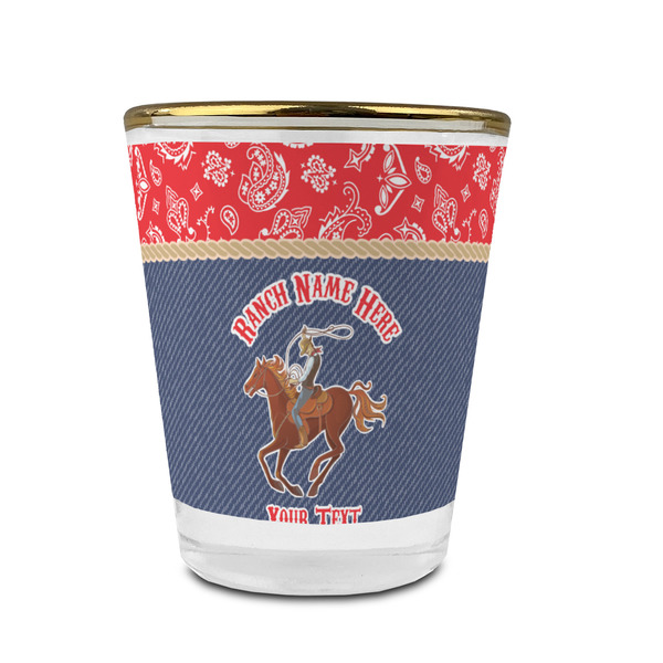 Custom Western Ranch Glass Shot Glass - 1.5 oz - with Gold Rim - Set of 4 (Personalized)